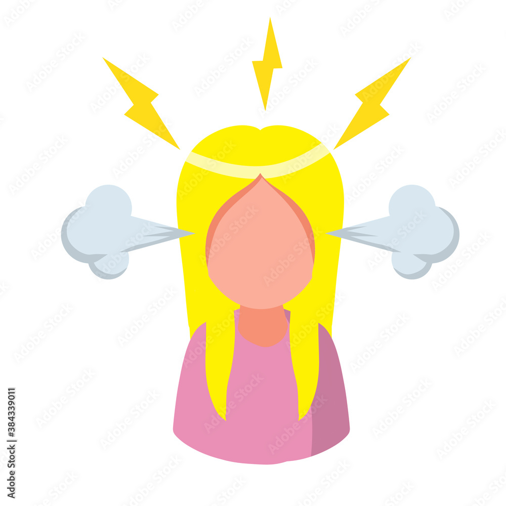 Stress. Bad emotion. Angry woman. Steam from the ears and lightning in the  head. Red face. Girl problems. Blond hair. Flat cartoon isolated on white  background Stock Vector | Adobe Stock
