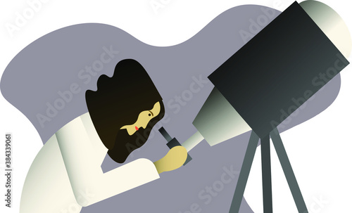 Flat astronomical concept. Woman against the abstraction use a telescope and for science research