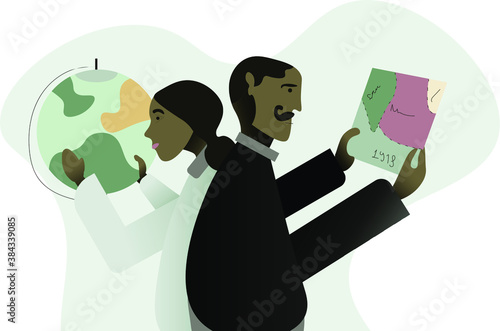 Scientists geographers and historians make discoveries. The woman is a geographer and historian. Equality between men and women in science. Geography lesson History lesson