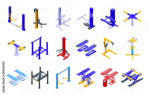 Car lift icons set. Isometric set of car lift vector icons for web design isolated on white background