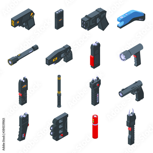 Taser icons set. Isometric set of taser vector icons for web design isolated on white background
