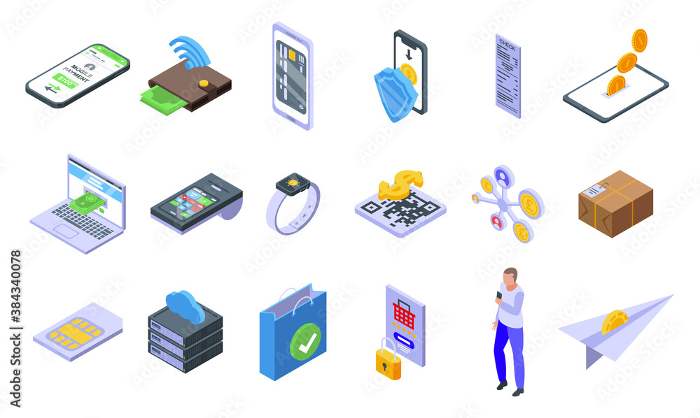 Mobile payment icons set. Isometric set of mobile payment vector icons for web design isolated on white background Mobile payment icons set. Isometric set of mobile payment vector icons for web design isolated on white background