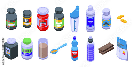 Sports nutrition icons set. Isometric set of sports nutrition vector icons for web design isolated on white background