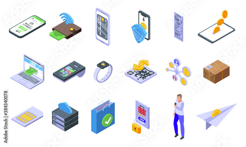 Mobile payment icons set. Isometric set of mobile payment vector icons for web design isolated on white background