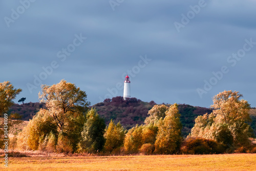 White lighthouse Dornbusch on Baltic sea, Island Hiddensee in Northern Germany.