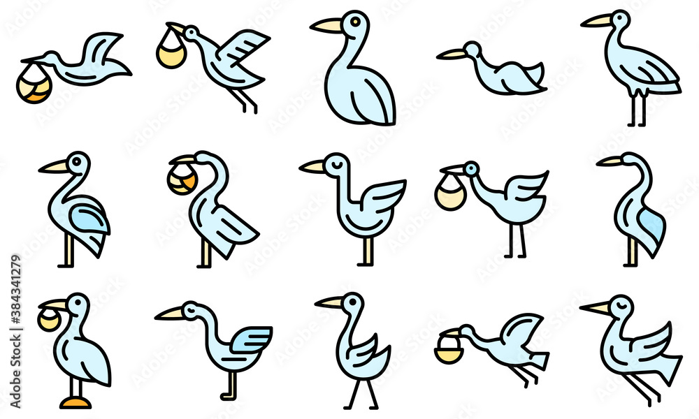 Fototapeta premium Stork icons set. Outline set of stork vector icons thin line color flat on white
