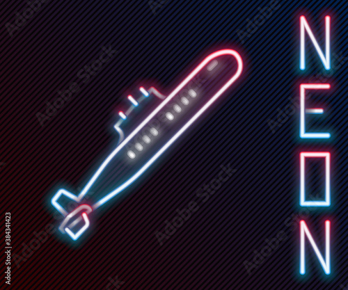 Glowing neon line Submarine icon isolated on black background. Military ship. Colorful outline concept. Vector. photo