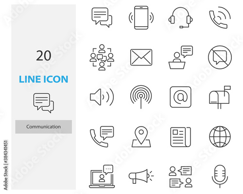 set of communication thin line icons, contact, social, email