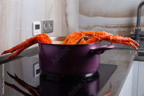 The crab is boiled in a saucepan. Selective focus photo