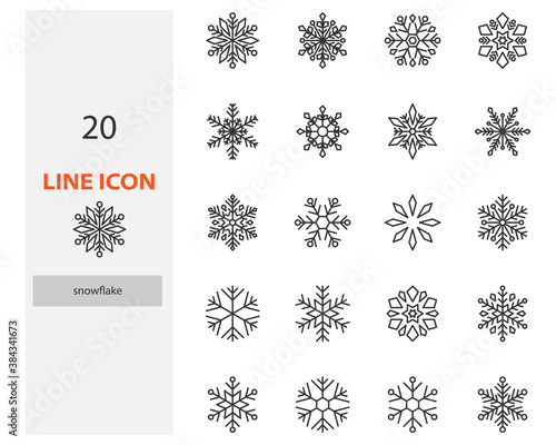 set of snowflake thin line icons, winter, snow
