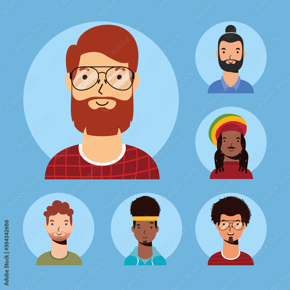 young man with beard and interracial men avatar character young man with beard and interracial men avatar character