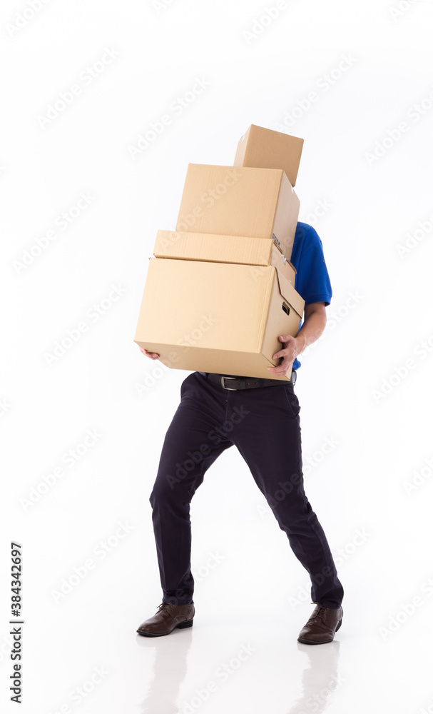 young Asian delivery man in blue uniform, carrry cardboard box in hands isolated on white background young Asian delivery man in blue uniform, carrry cardboard box in hands isolated on white background