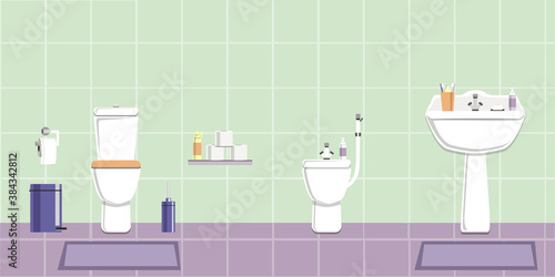 The bathroom in white and lilac tones. Vector image in the flat design style. Paper space with place for text