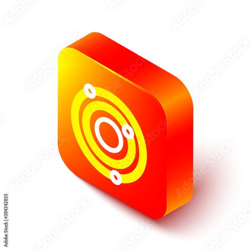 Isometric line Solar system icon isolated on white background. The planets revolve around the star. Orange square button. Vector.