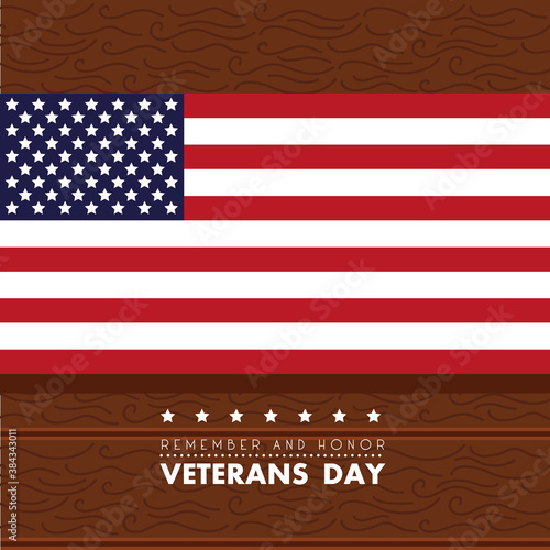 happy veterans day lettering with usa flag in wooden background