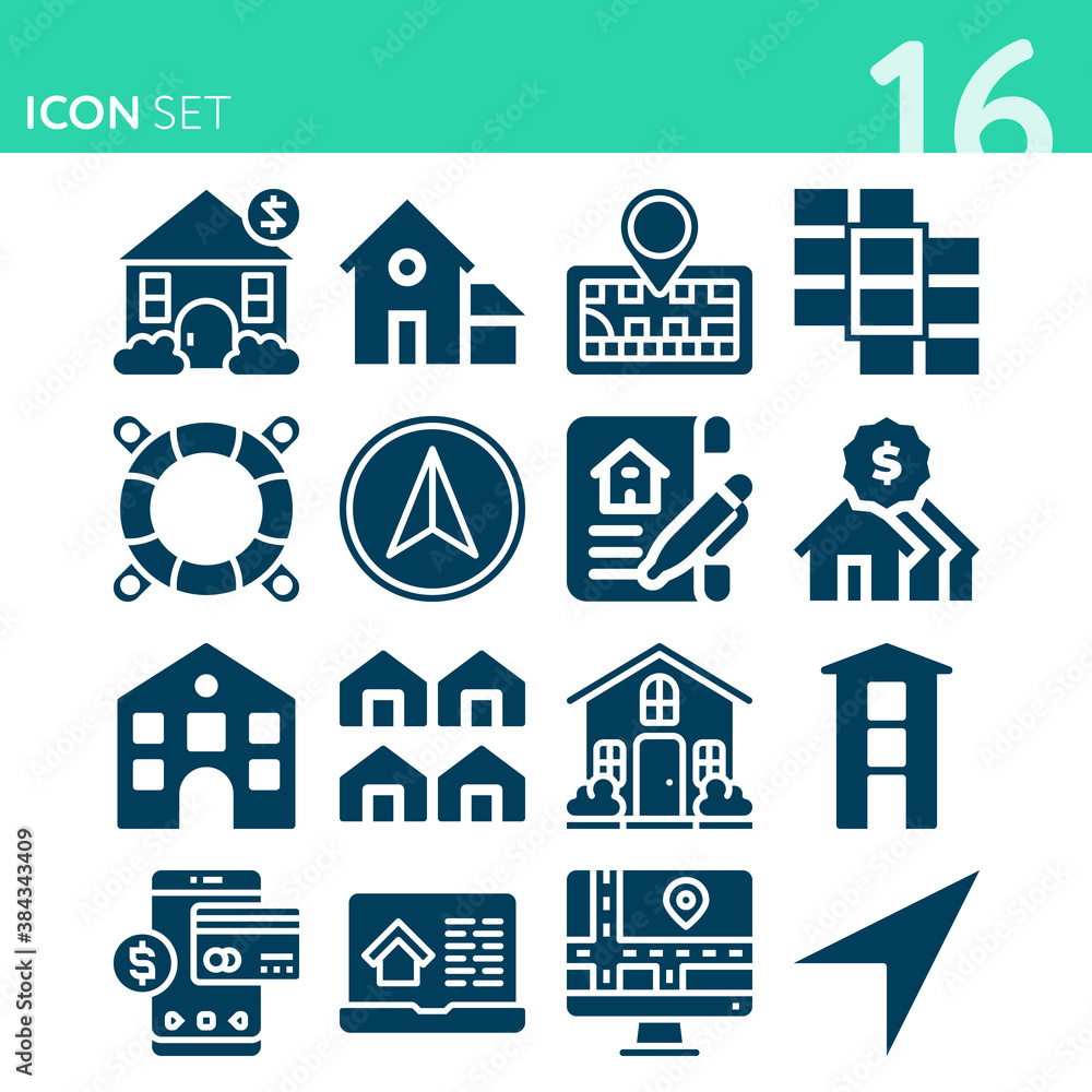 Simple set of 16 icons related to acres