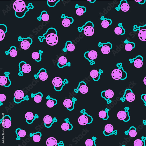 Line Gmo research chicken icon isolated seamless pattern on black background. Syringe being injected to chicken. Vector.