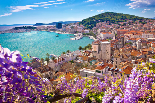 Split waterfront and Marjan hill colorful flower view