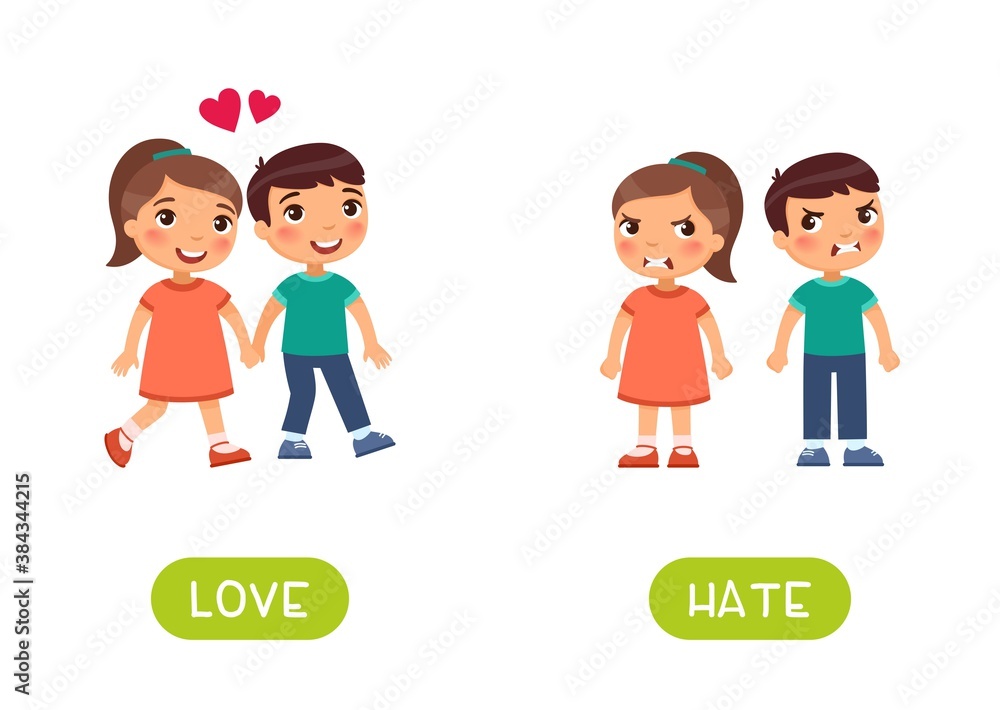 LOVE and HATE antonyms word card vector template. Flashcard for english language learning. Opposites concept. Children in love hold hands. The quarrel and the children are angry.