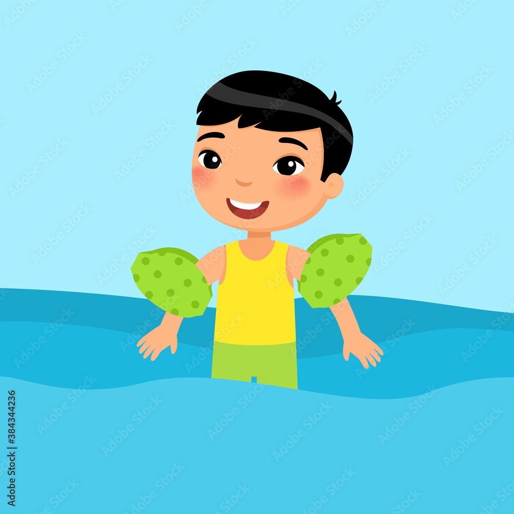 Little asian boy swimming with inflatable sleeves flat vector illustration. Beautiful child having fun in water. Cheerful kid in swimsuit enjoying summer activities color cartoon character