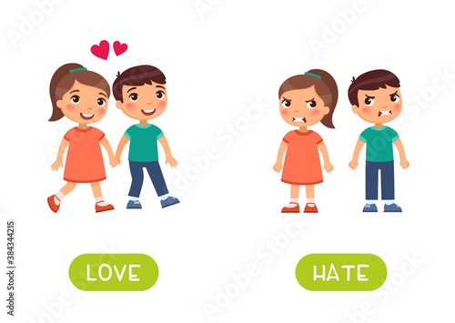 LOVE and HATE antonyms word card vector template. Flashcard for english language learning. Opposites concept. Children in love hold hands. The quarrel and the children are angry.
