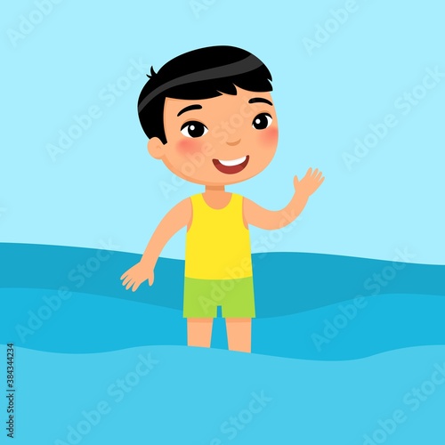 Little asian boy standing in a swimsuit flat vector illustration. Beautiful child having fun in water, waving hand. Cheerful kid in swimsuit enjoying summer activities color cartoon character