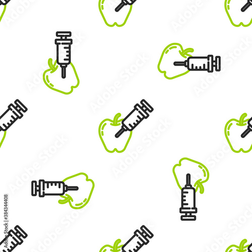 Line Genetically modified apple icon isolated seamless pattern on white background. GMO fruit. Syringe being injected to apple. Vector.
