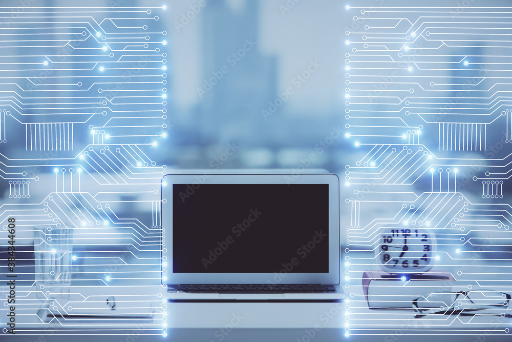 Computer on desktop in office with technology theme hologram. Double exposure. Tech concept. Computer on desktop in office with technology theme hologram. Double exposure. Tech concept.