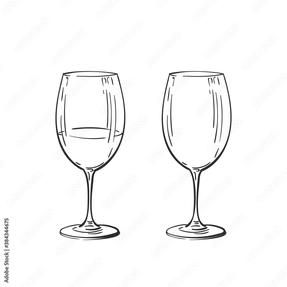 Empty and full wine glass for bordeaux vector drawing isolated. Hand drawn illustration black line on white, Alcohol beverage glassware doodle Empty and full wine glass for bordeaux vector drawing isolated. Hand drawn illustration black line on white, Alcohol beverage glassware doodle