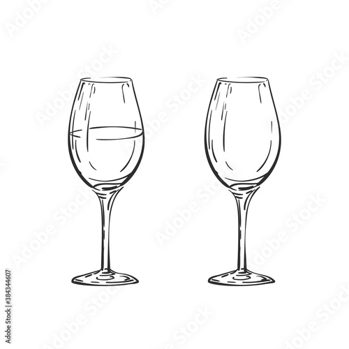 Empty and full wine glass vector drawing isolated. Hand drawn illustration black line on white alcohol beverage glassware doodle