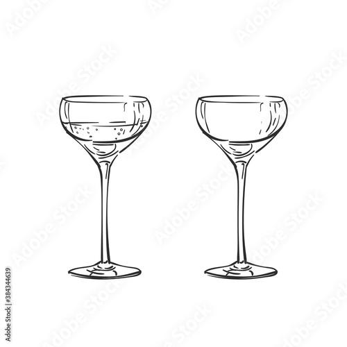 Empty and full coupe champagne glass vector drawing isolated. Hand drawn illustration black line on white, Alcohol beverage glassware doodle