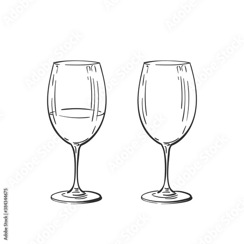 Empty and full wine glass for bordeaux vector drawing isolated. Hand drawn illustration black line on white, Alcohol beverage glassware doodle