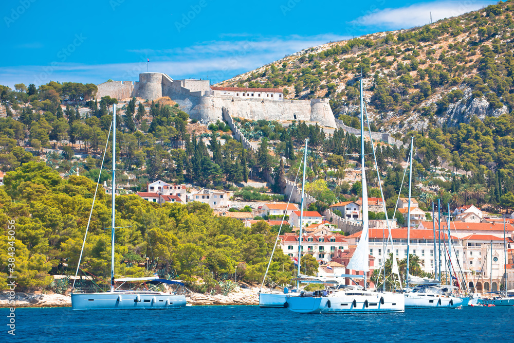 Town of Hvar and Fortica fortress view from the sea