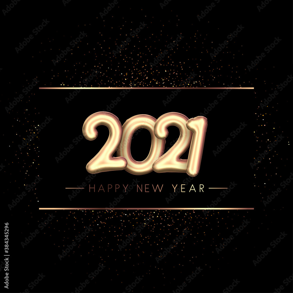 Golden foil balloon 2021 sign on black background.