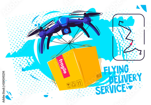 Vector illustration of cargo delivery with the help of the quadrocopter in the air, a modern delivery service