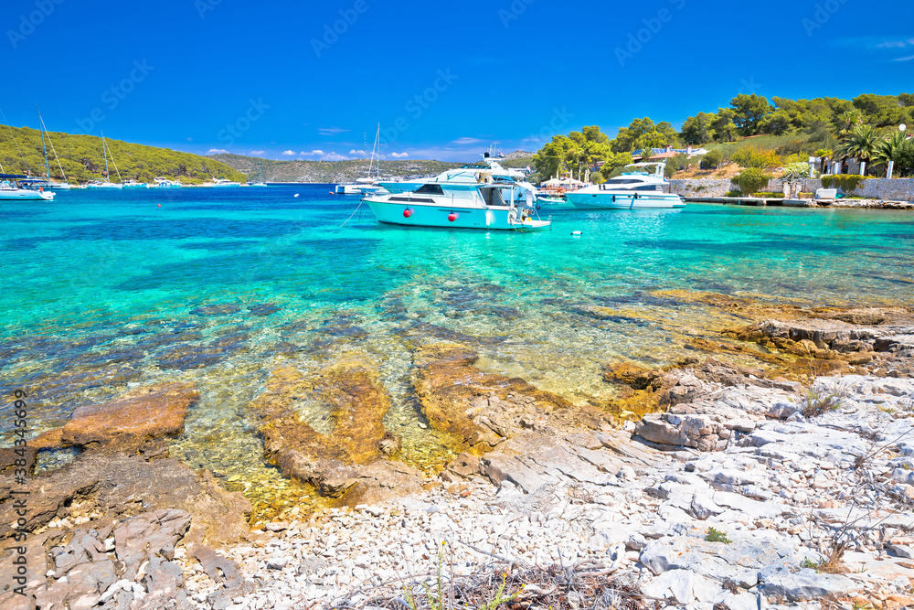 Pakleni Otoci archipelago turquoise beach and yachting bay scenic view