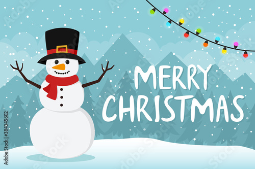 Cute christmas snowman in scarf and top hat. Winter background vector illustration.