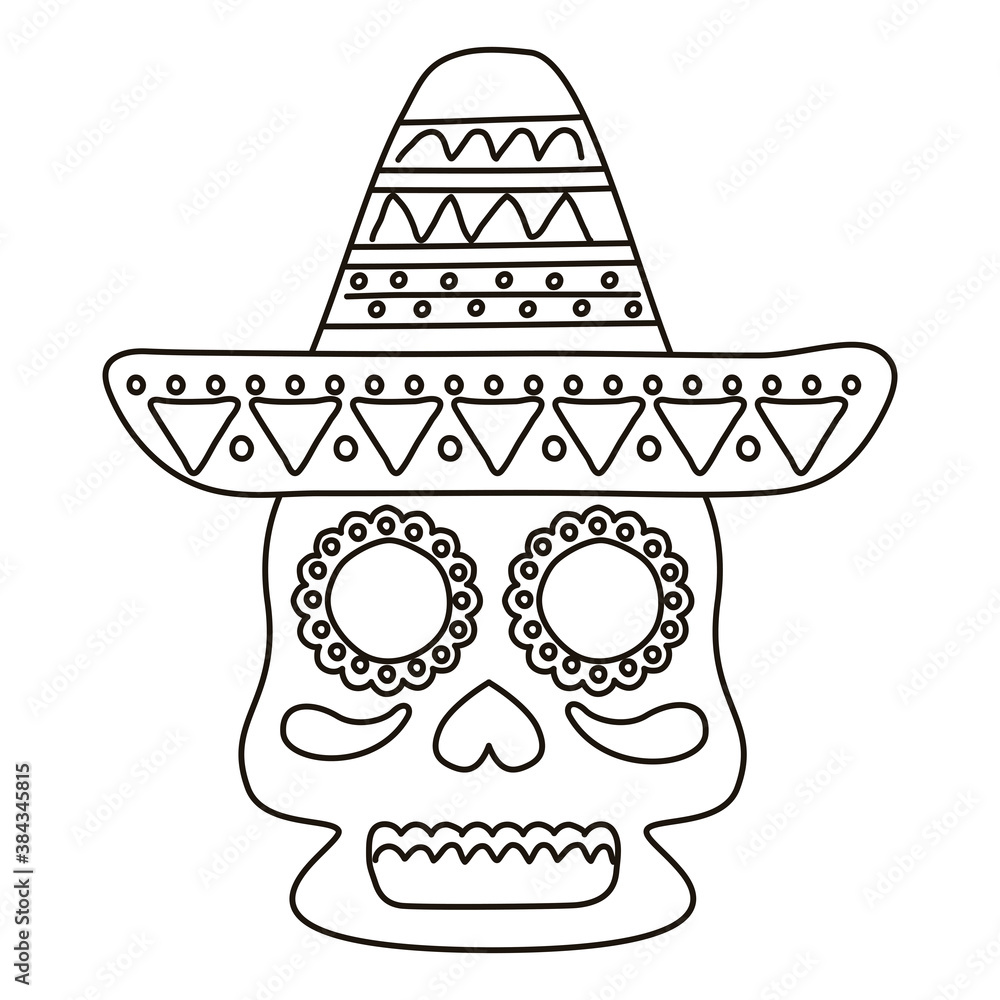 traditional mexican skull head and mexican hat line style icon traditional mexican skull head and mexican hat line style icon