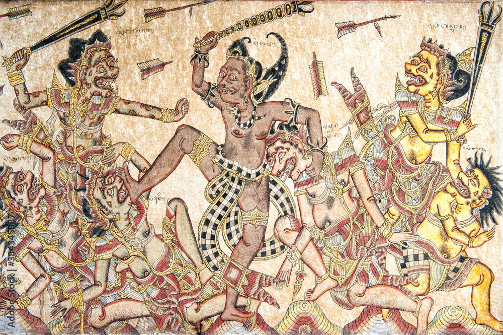 Obraz premium Traditional Kamasan paintings, Kertha Gosa pavilion (former Hall of Justice) in Puri Semarapura Palace, Klungkung, Bali, Indonesia