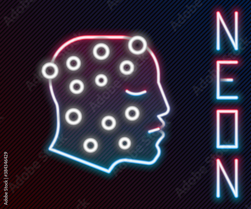 Glowing neon line Face with psoriasis or eczema rash icon isolated on black background. Concept of human skin response to allergen or chronic body problem. Colorful outline concept. Vector.