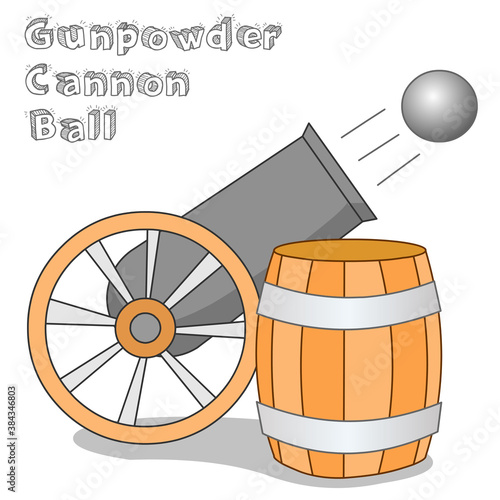 Cannon, gunpowder plot. Old cannon with wheels. Wooden powder barrel, cask. Retro gun shooting, set. Gunpowder It consists of a mixture of sulfur, charcoal and potassium nitrate. Illustration vector