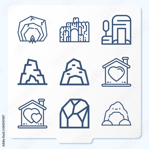 Simple set of 9 icons related to caves