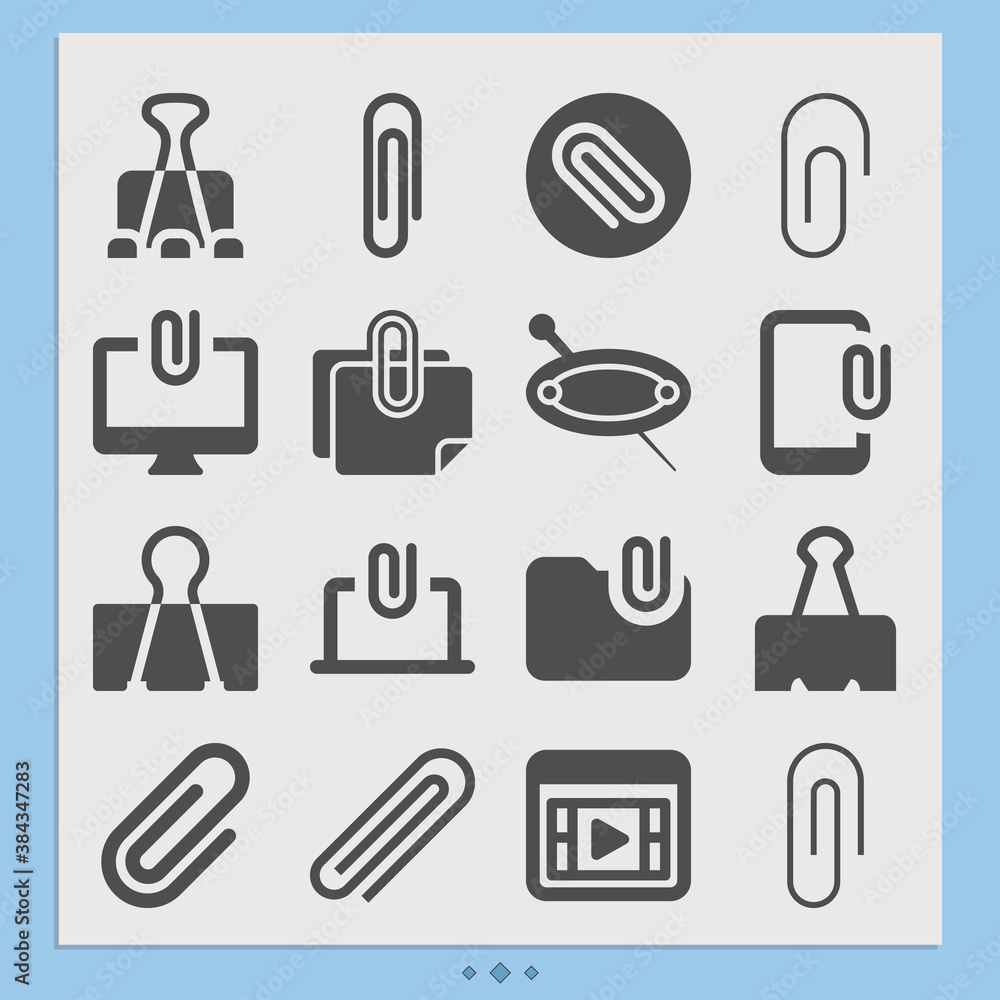Simple set of paper clip related filled icons. Simple set of paper clip related filled icons.