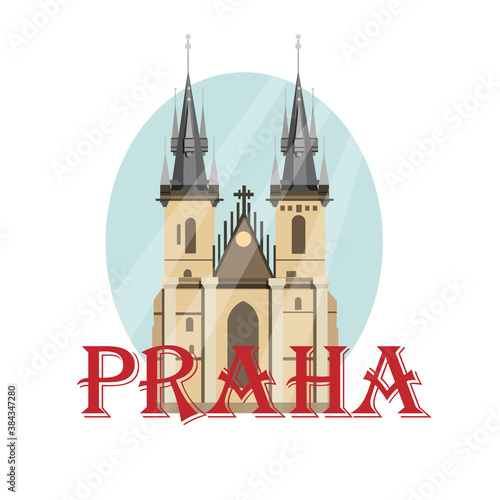 The Church of Mother of God before Týn on blue background  and with the inscription Praha