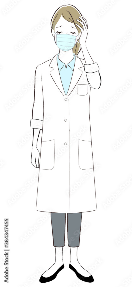 A doctor woman wearing face mask having headache. A doctor woman wearing face mask having headache.