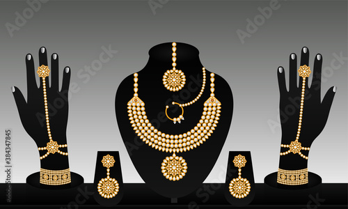 Indian traditional vector gold and pearl bracelet necklace beautiful earrings and rings jewellery set for women.