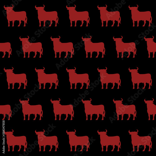 Corrida Bulls Seamless Pattern Silhouettes Background Red on Black