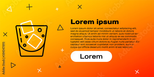 Line Glass of whiskey and ice cubes icon isolated on yellow background. Colorful outline concept. Vector.