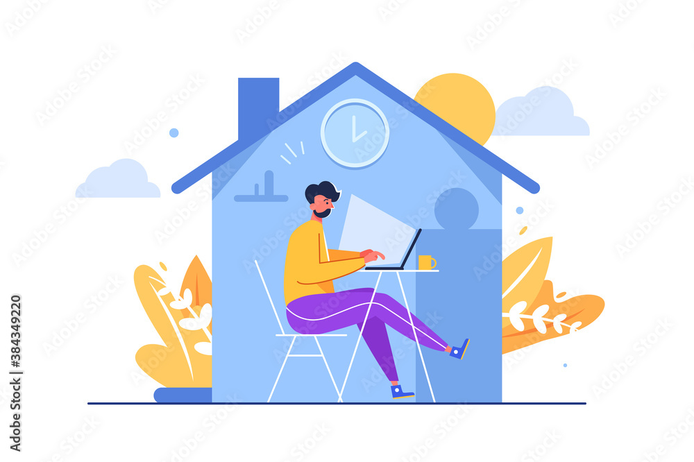Guy sitting at table in laptop at home protecting from coronavirus, epidemic isolated on white background, flat vector illustration Guy sitting at table in laptop at home protecting from coronavirus, epidemic isolated on white background, flat vector illustration