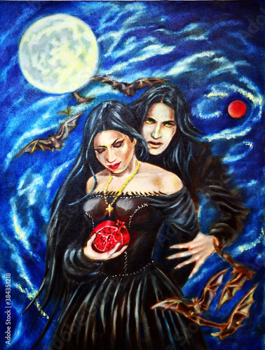 Oil paint portrait of a vampire man and a woman with a pomegranate in her hand, against night sky with a full Moon and Red Mars and bats flying around.